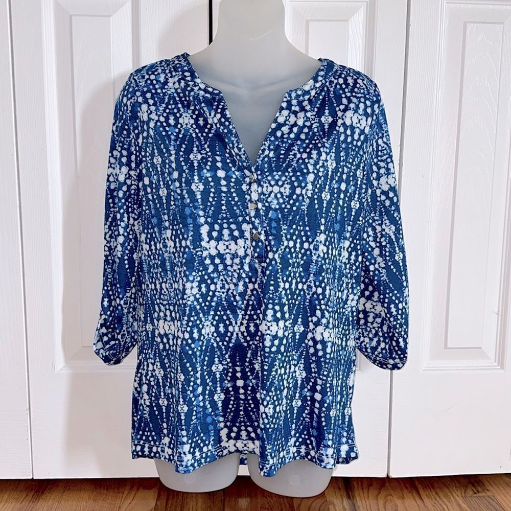 Kate Park Blue and White Splatter Print 3/4 Sleeve Small S Blouse Top Shirt NWT